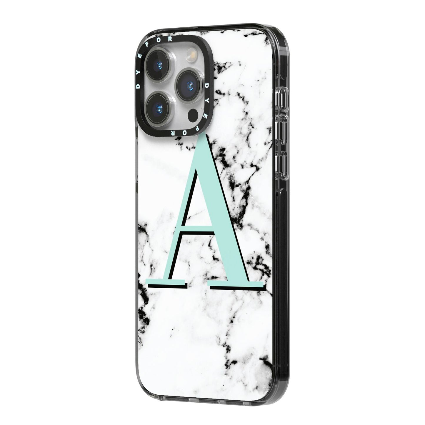 Personalised Mint Single Initial Marble iPhone 14 Pro Max Black Impact Case Side Angle on Silver phone