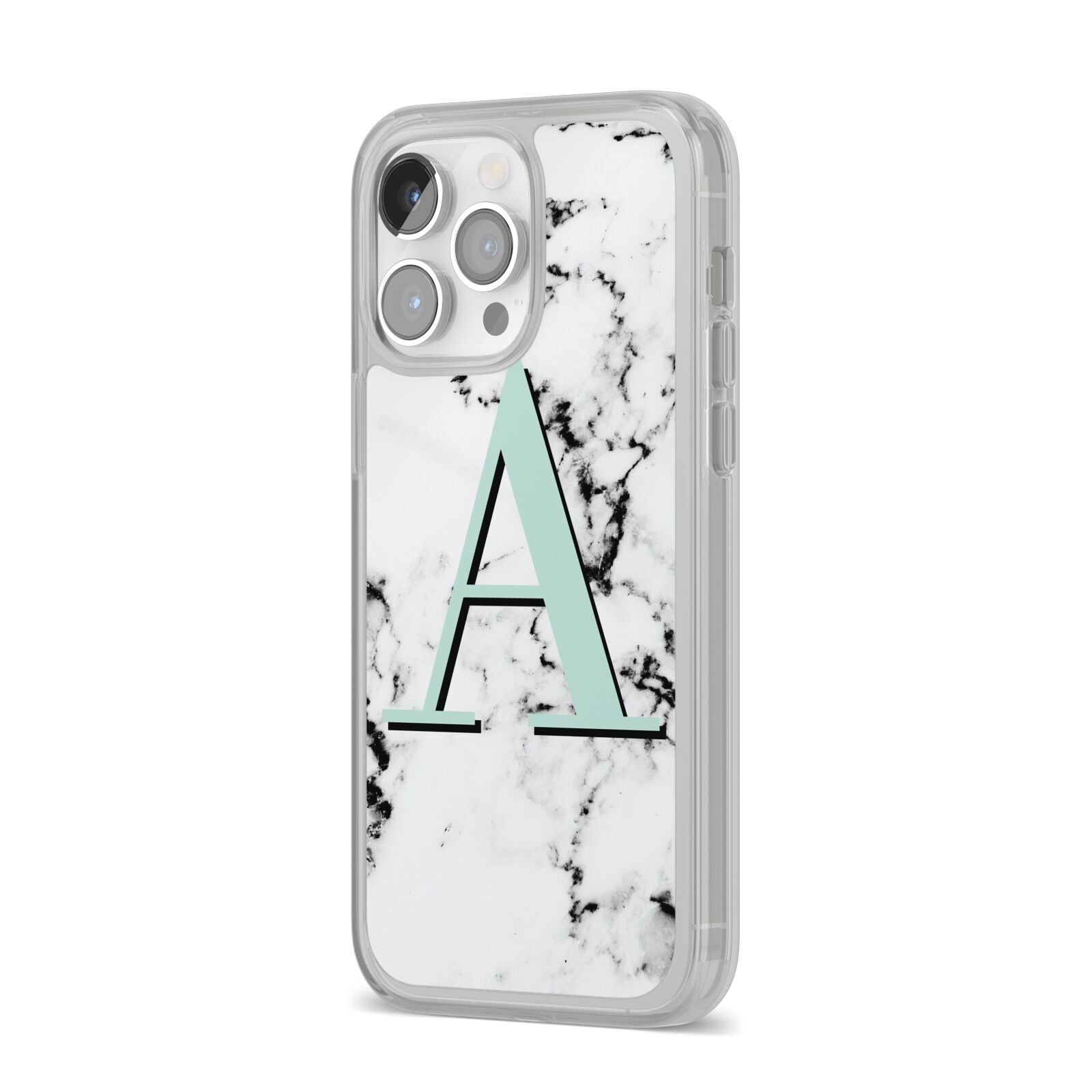 Personalised Mint Single Initial Marble iPhone 14 Pro Max Clear Tough Case Silver Angled Image