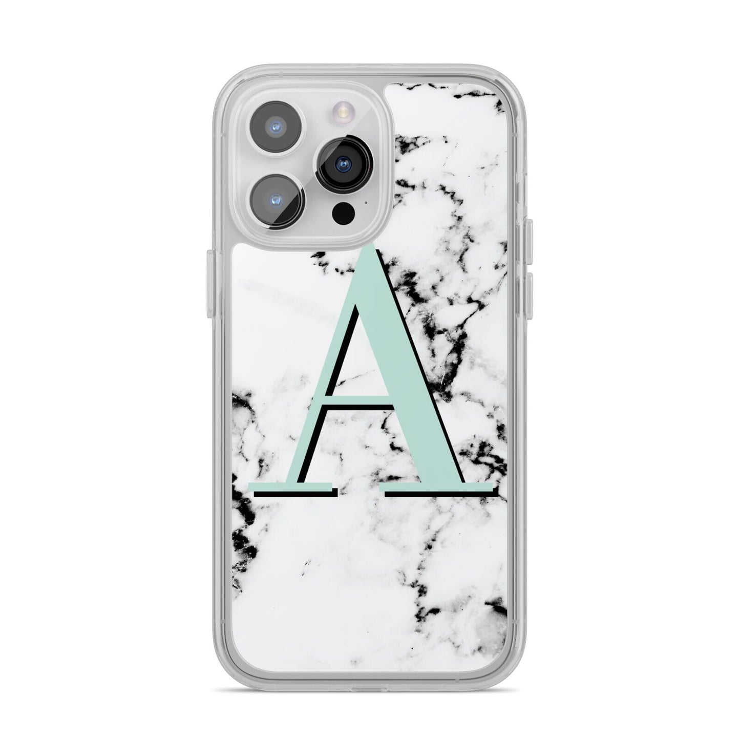 Personalised Mint Single Initial Marble iPhone 14 Pro Max Clear Tough Case Silver