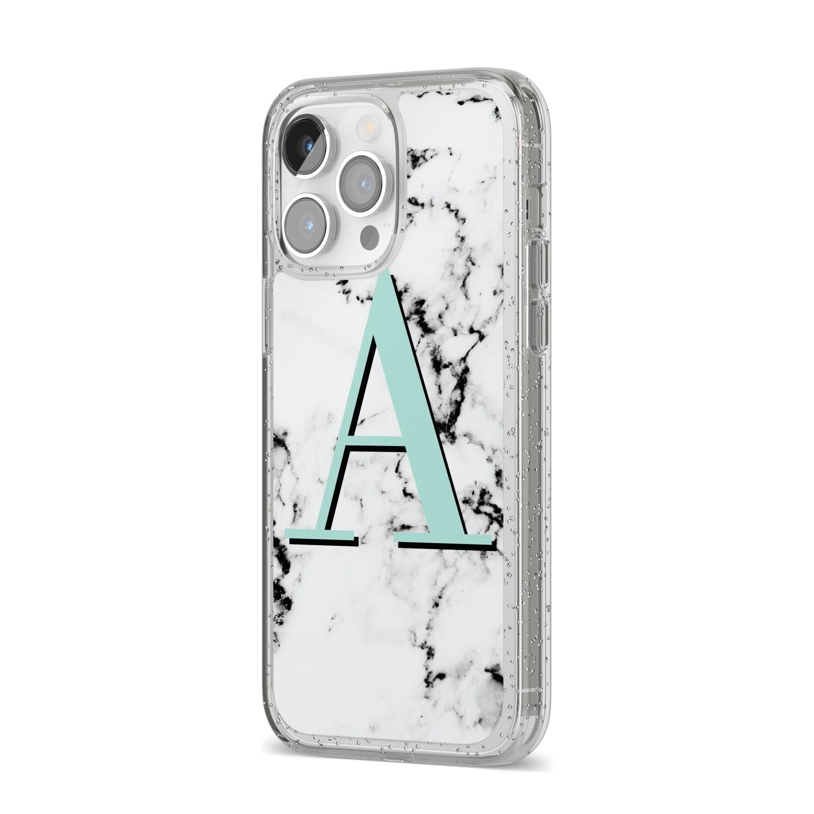 Personalised Mint Single Initial Marble iPhone 14 Pro Max Glitter Tough Case Silver Angled Image