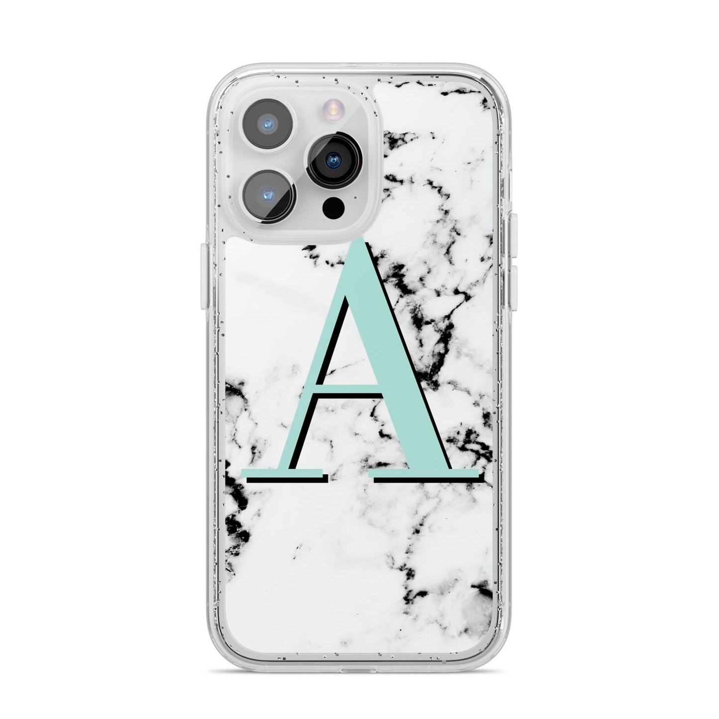 Personalised Mint Single Initial Marble iPhone 14 Pro Max Glitter Tough Case Silver