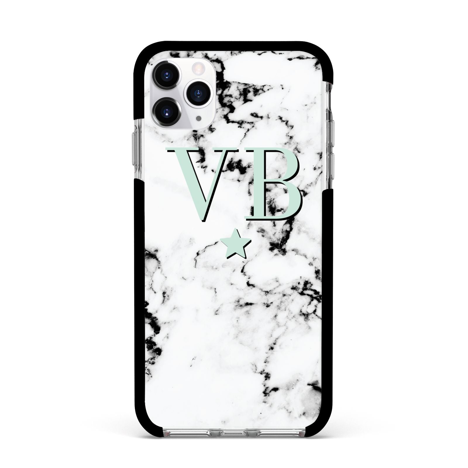 Personalised Mint Star With Monogram Marble Apple iPhone 11 Pro Max in Silver with Black Impact Case