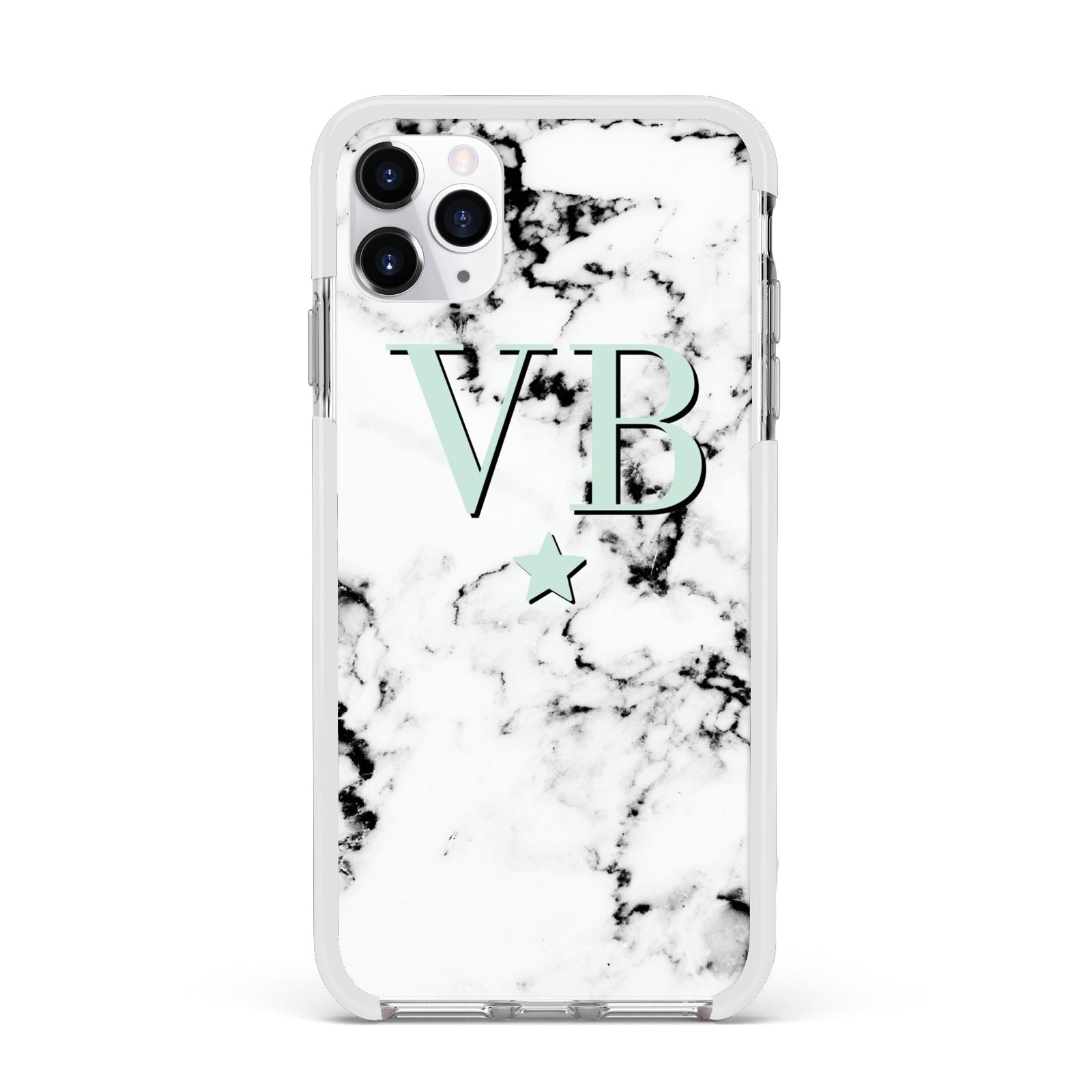 Personalised Mint Star With Monogram Marble Apple iPhone 11 Pro Max in Silver with White Impact Case