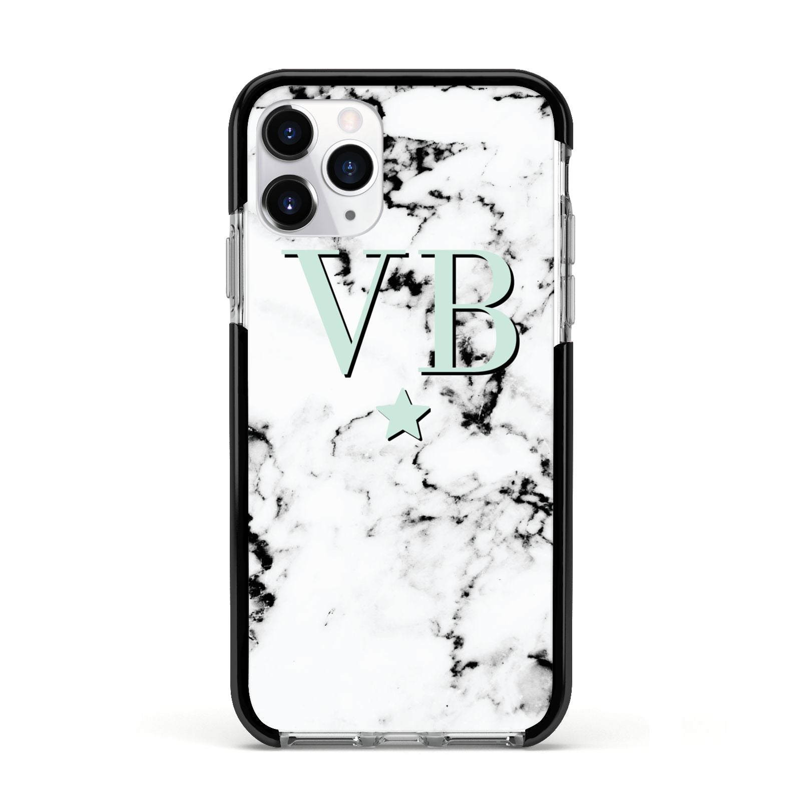 Personalised Mint Star With Monogram Marble Apple iPhone 11 Pro in Silver with Black Impact Case