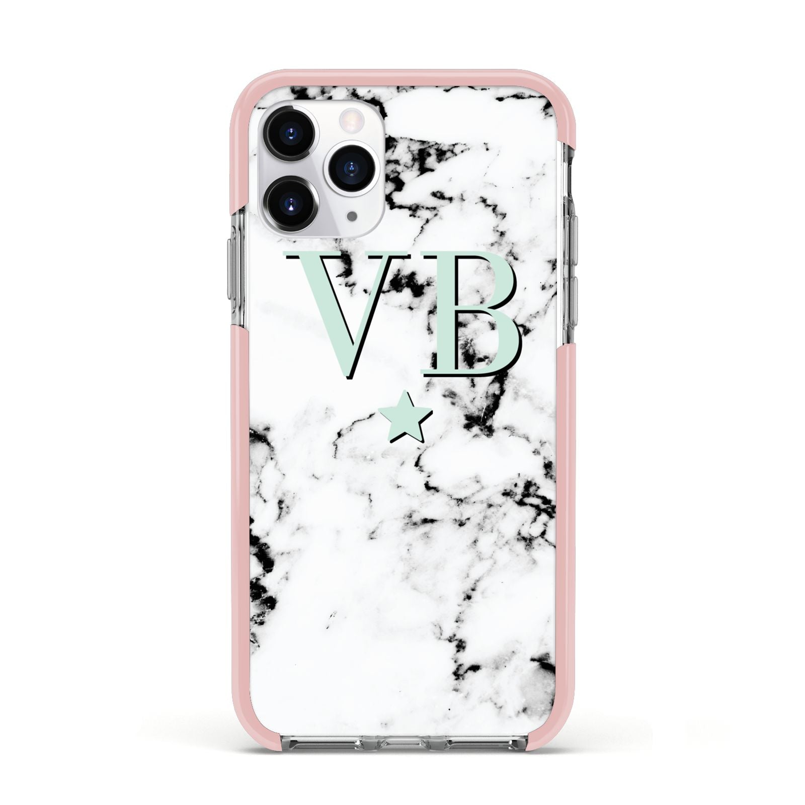 Personalised Mint Star With Monogram Marble Apple iPhone 11 Pro in Silver with Pink Impact Case