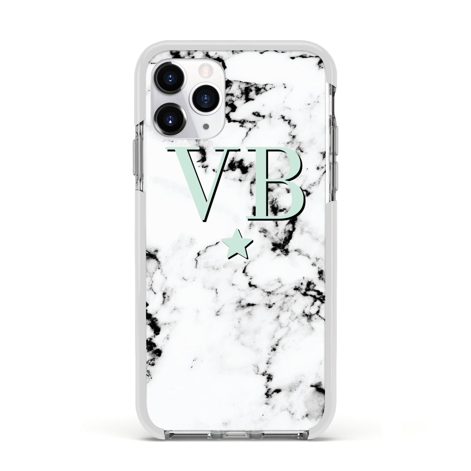 Personalised Mint Star With Monogram Marble Apple iPhone 11 Pro in Silver with White Impact Case