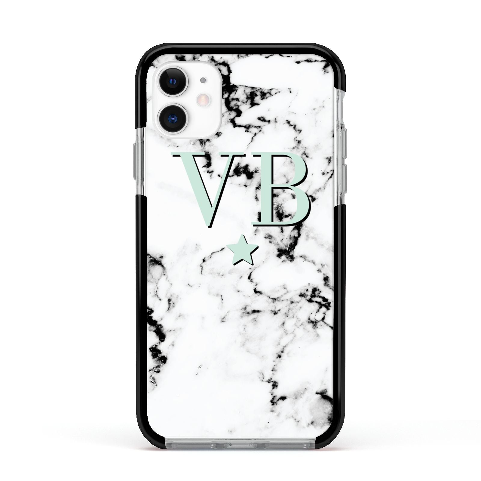 Personalised Mint Star With Monogram Marble Apple iPhone 11 in White with Black Impact Case