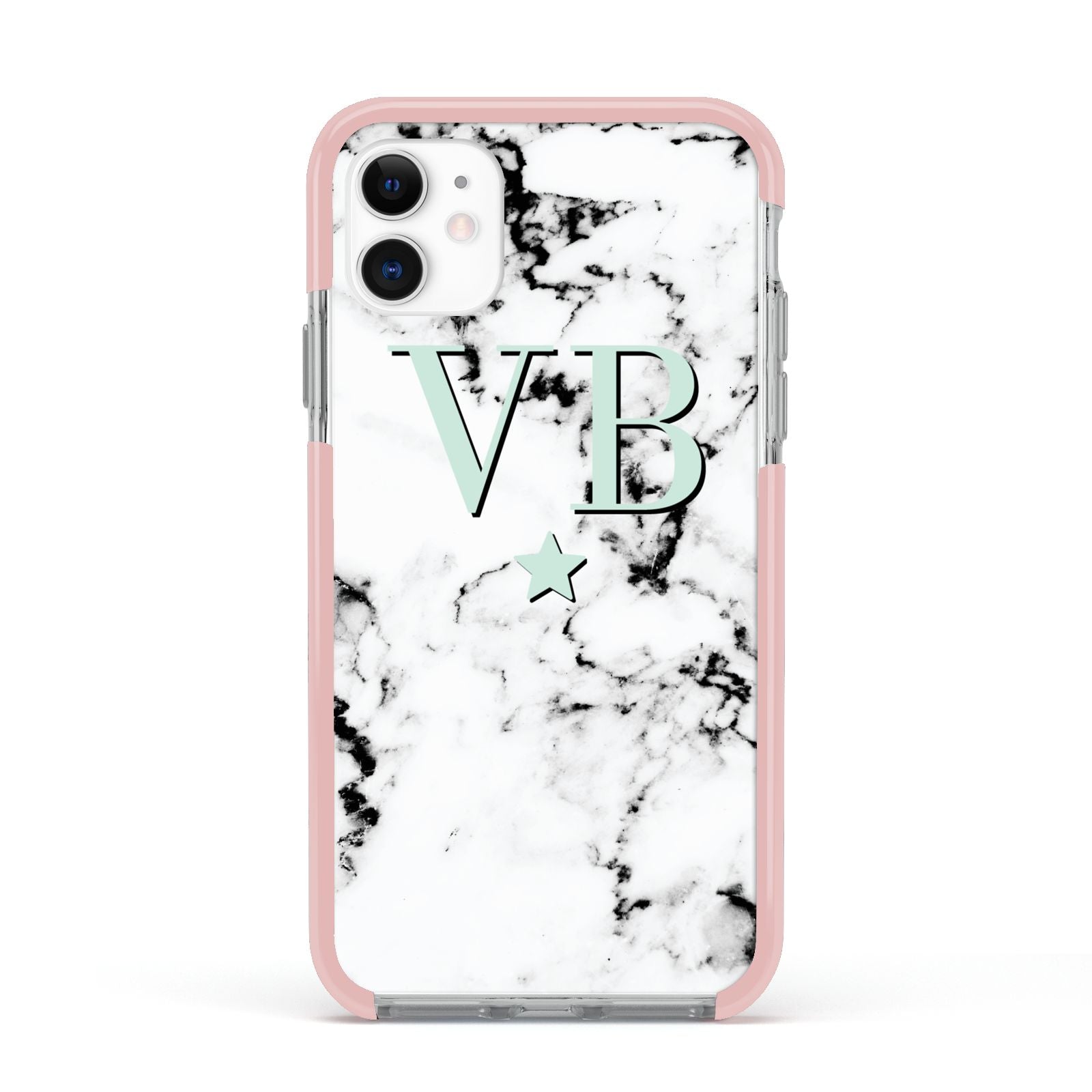 Personalised Mint Star With Monogram Marble Apple iPhone 11 in White with Pink Impact Case