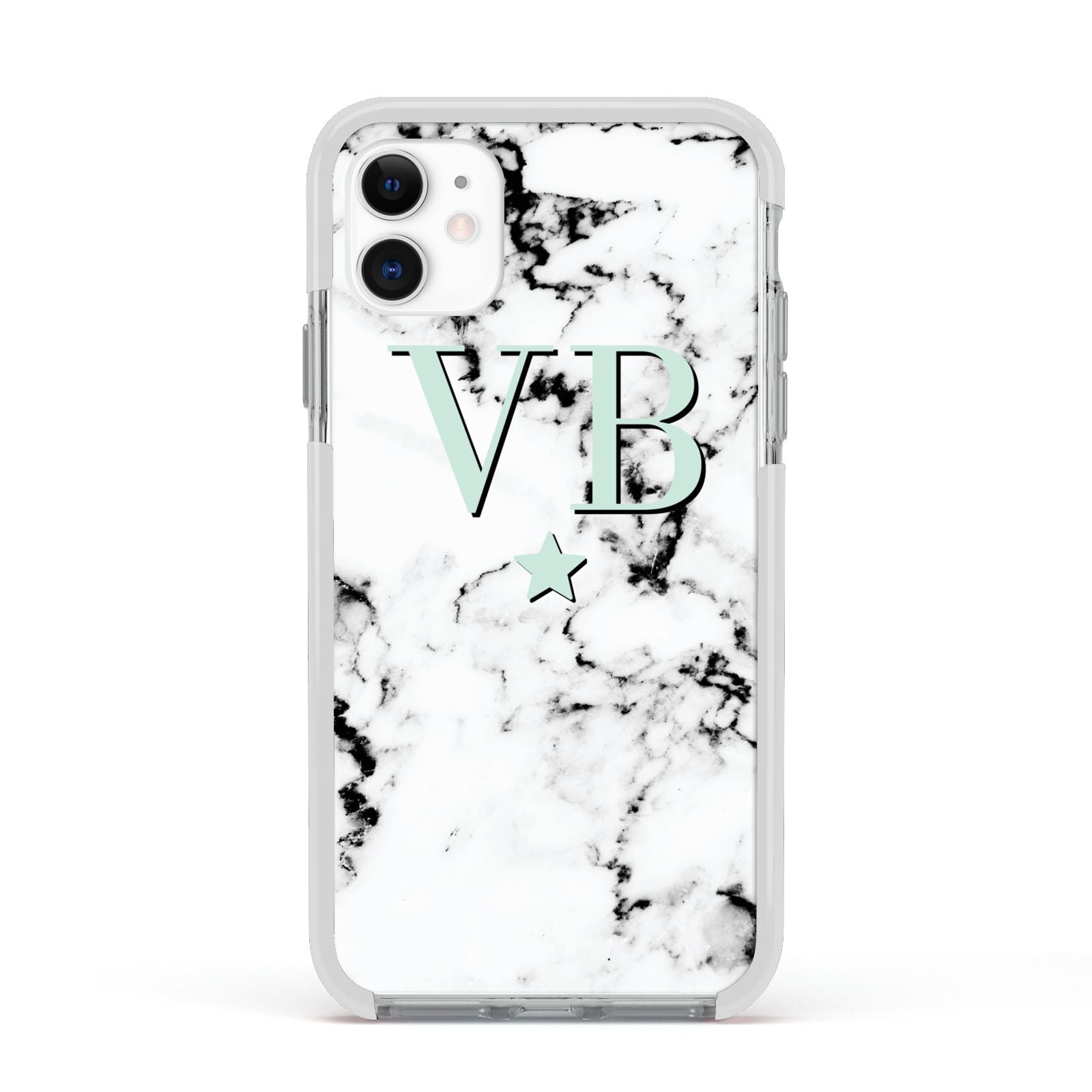 Personalised Mint Star With Monogram Marble Apple iPhone 11 in White with White Impact Case