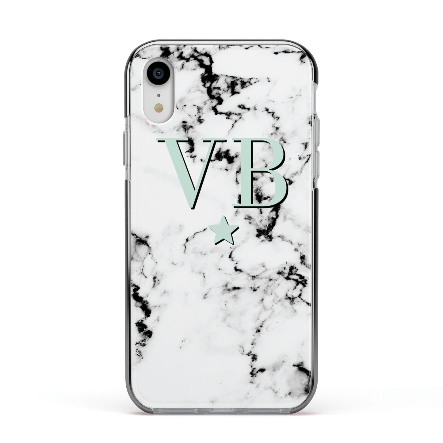 Personalised Mint Star With Monogram Marble Apple iPhone XR Impact Case Black Edge on Silver Phone