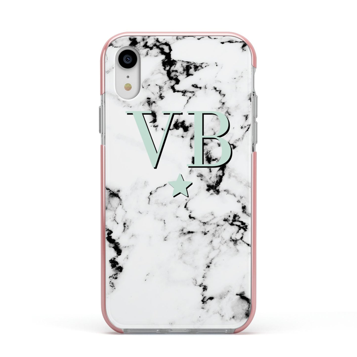 Personalised Mint Star With Monogram Marble Apple iPhone XR Impact Case Pink Edge on Silver Phone