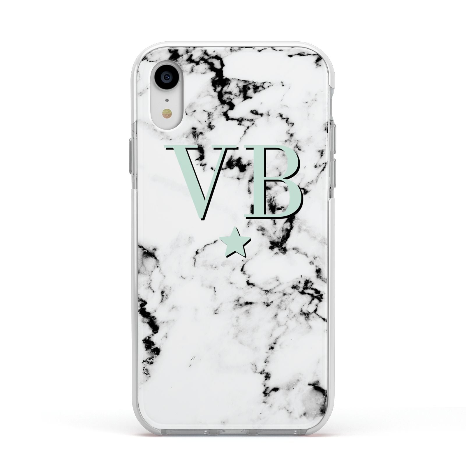 Personalised Mint Star With Monogram Marble Apple iPhone XR Impact Case White Edge on Silver Phone