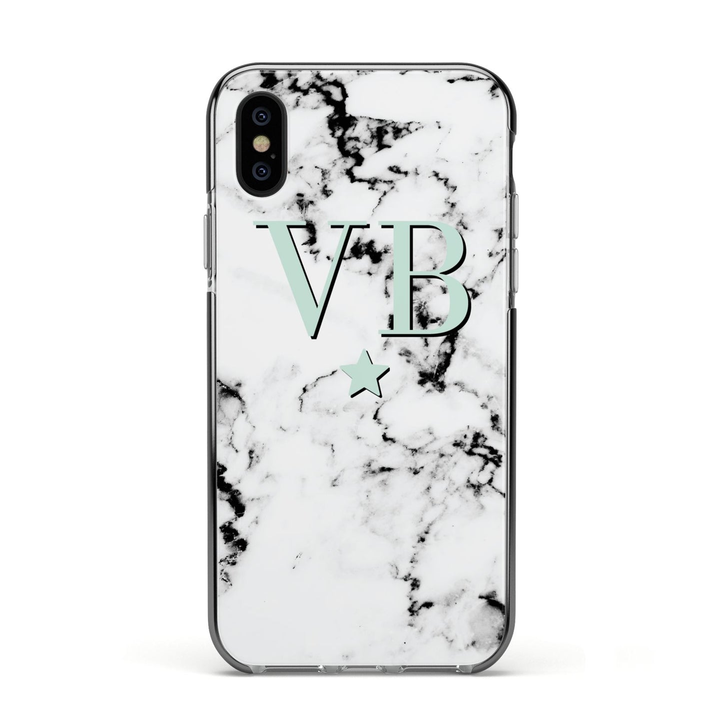 Personalised Mint Star With Monogram Marble Apple iPhone Xs Impact Case Black Edge on Black Phone