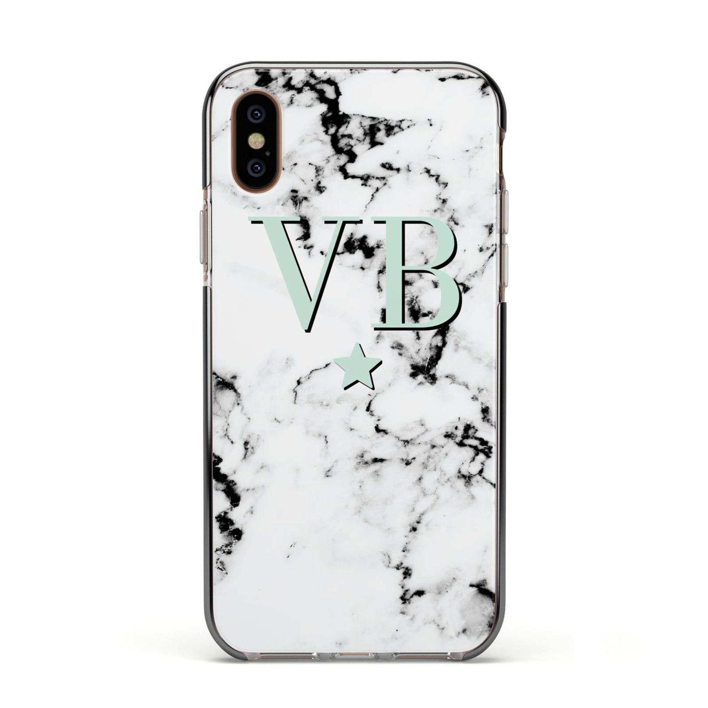 Personalised Mint Star With Monogram Marble Apple iPhone Xs Impact Case Black Edge on Gold Phone