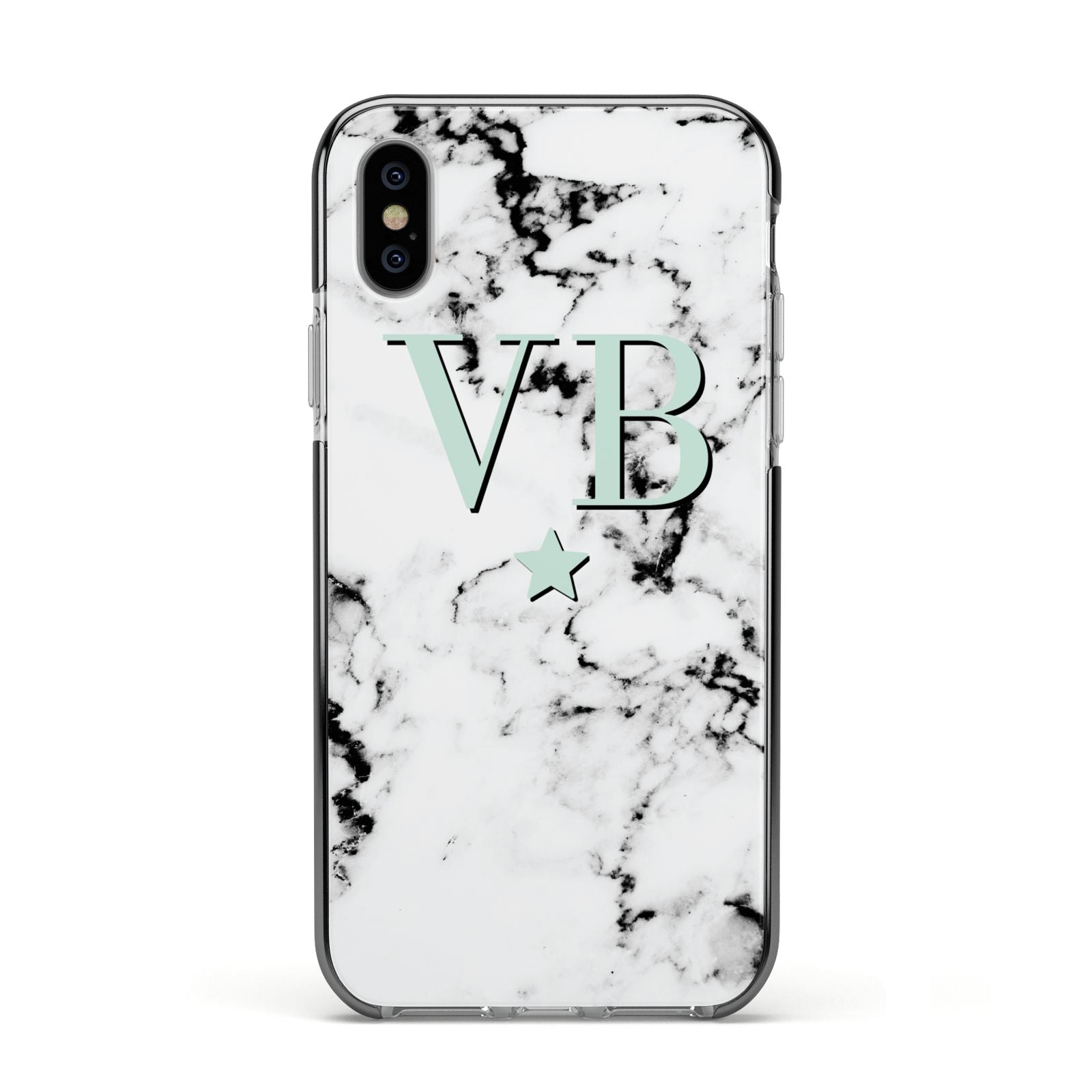 Personalised Mint Star With Monogram Marble Apple iPhone Xs Impact Case Black Edge on Silver Phone