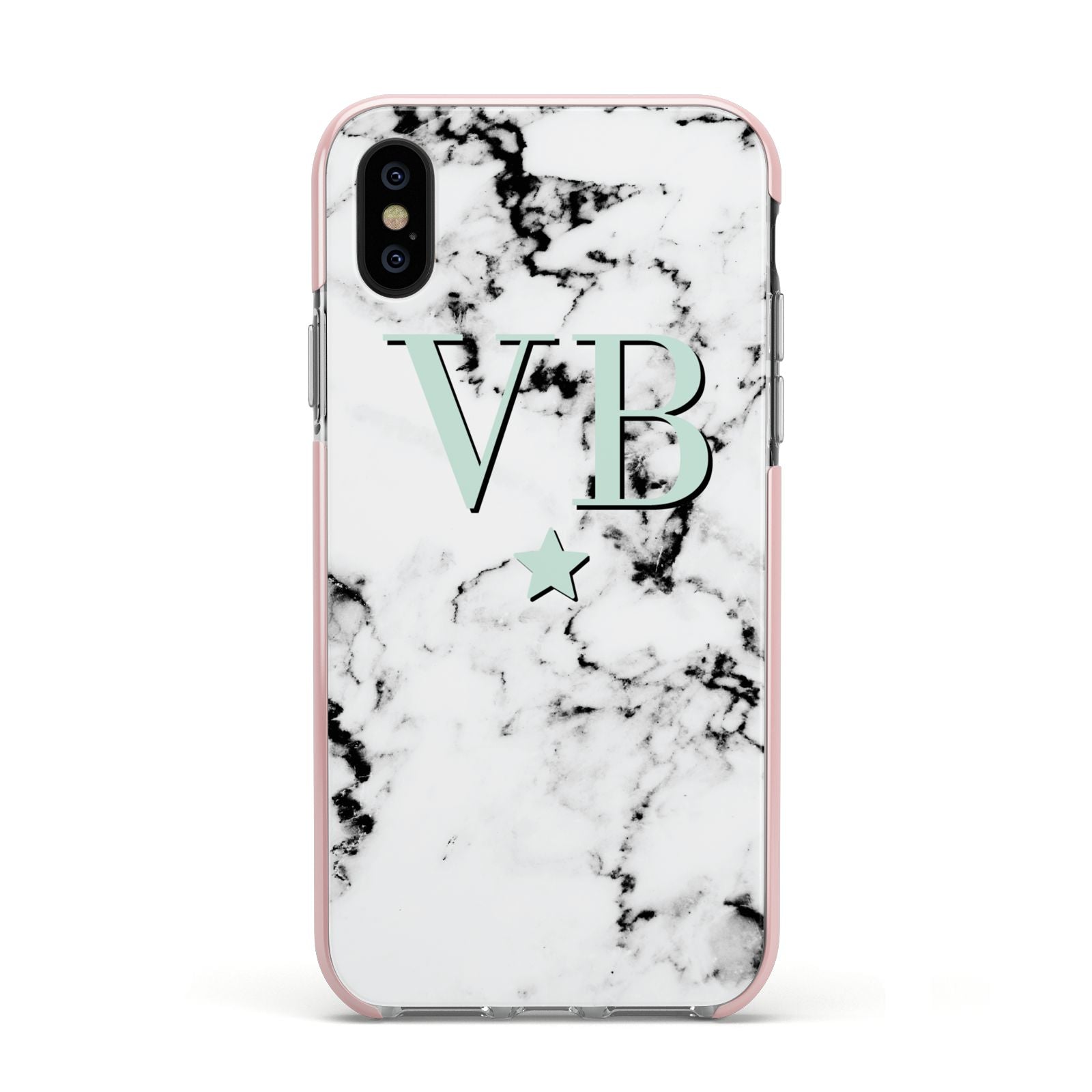 Personalised Mint Star With Monogram Marble Apple iPhone Xs Impact Case Pink Edge on Black Phone