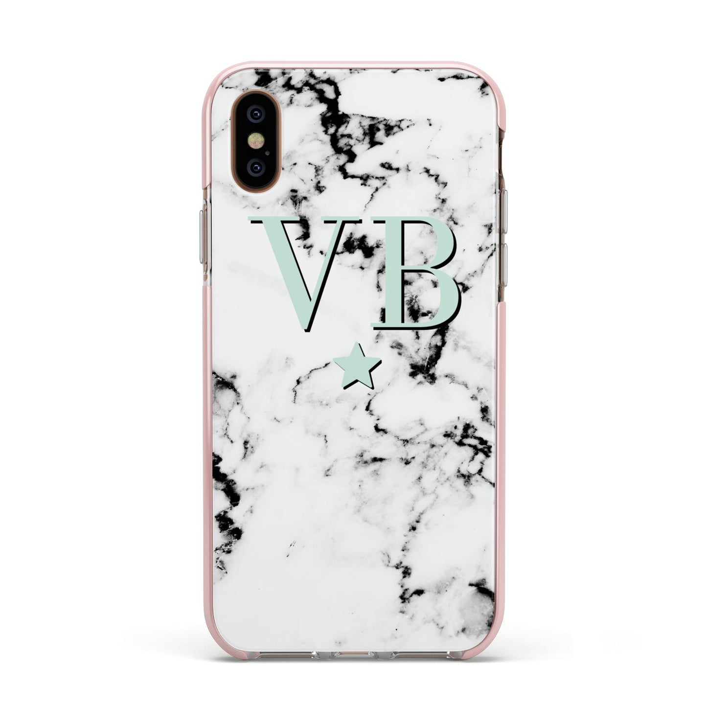 Personalised Mint Star With Monogram Marble Apple iPhone Xs Impact Case Pink Edge on Gold Phone