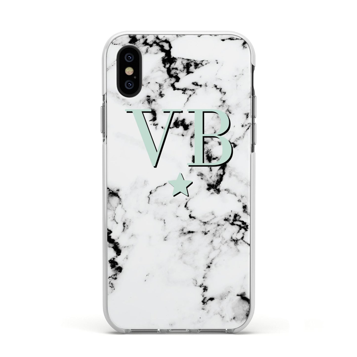 Personalised Mint Star With Monogram Marble Apple iPhone Xs Impact Case White Edge on Black Phone