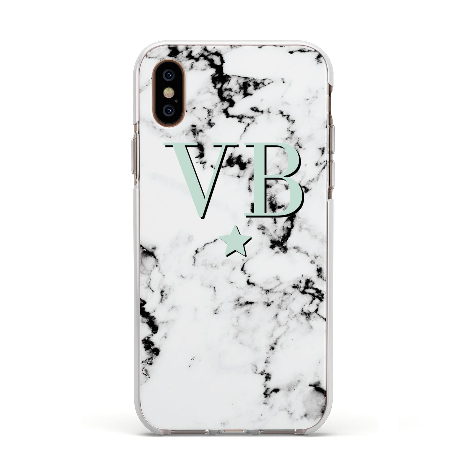 Personalised Mint Star With Monogram Marble Apple iPhone Xs Impact Case White Edge on Gold Phone