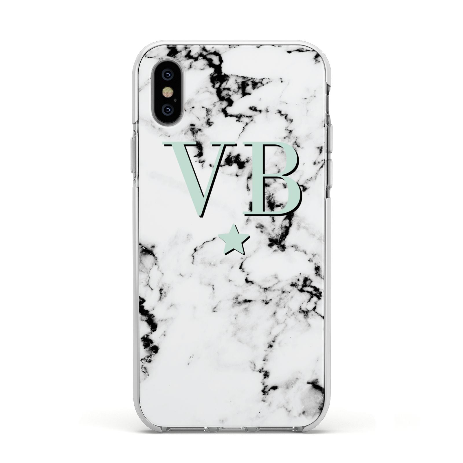 Personalised Mint Star With Monogram Marble Apple iPhone Xs Impact Case White Edge on Silver Phone