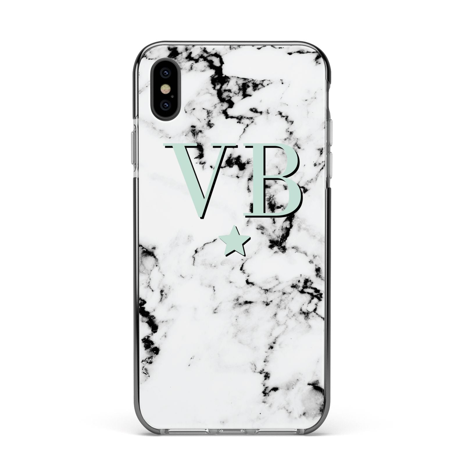 Personalised Mint Star With Monogram Marble Apple iPhone Xs Max Impact Case Black Edge on Black Phone