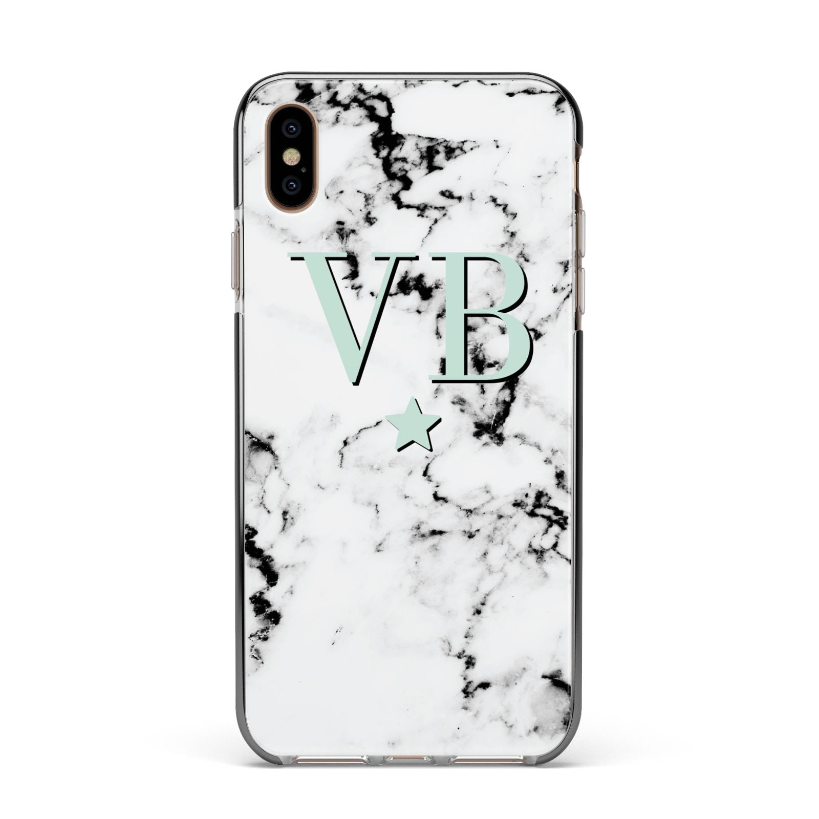 Personalised Mint Star With Monogram Marble Apple iPhone Xs Max Impact Case Black Edge on Gold Phone