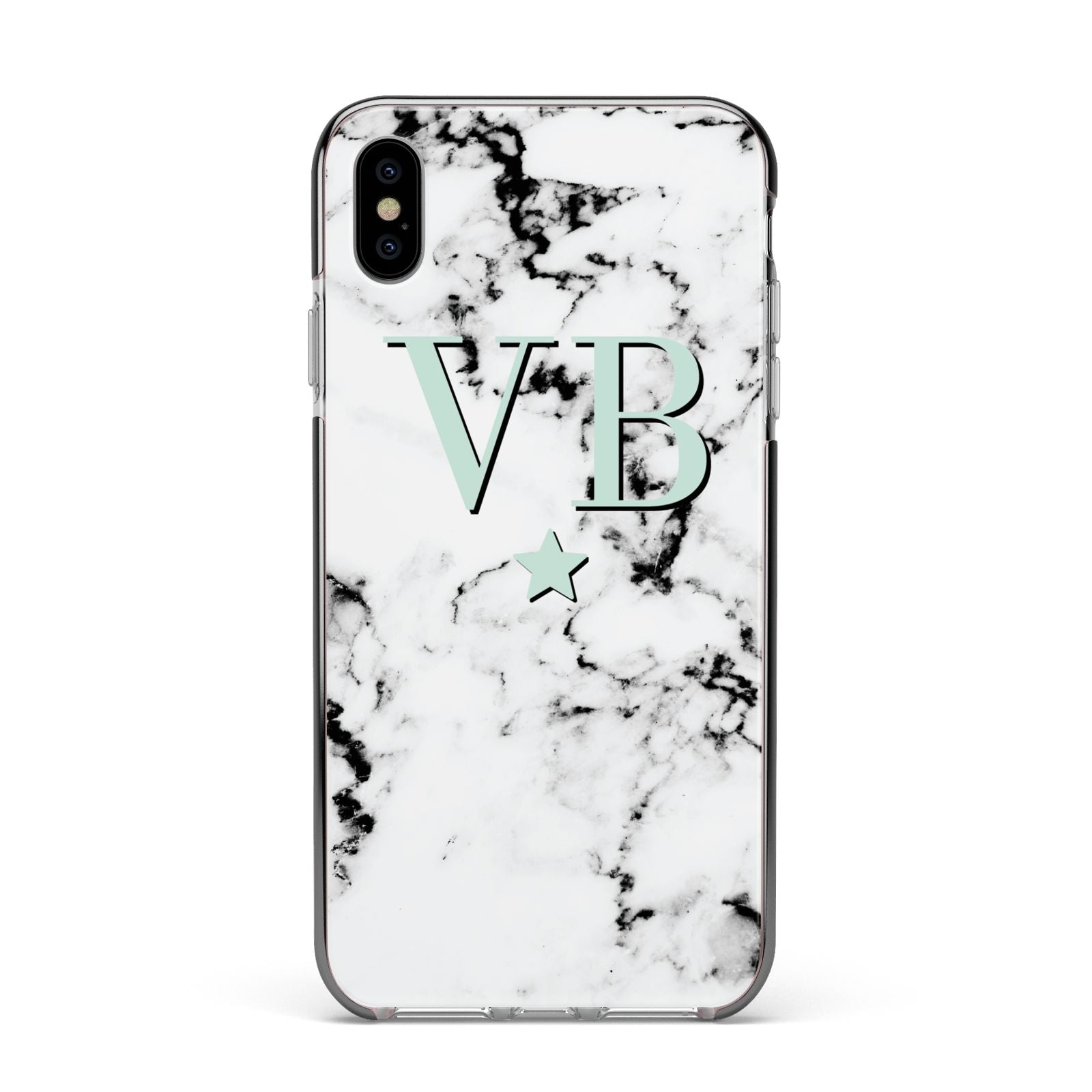 Personalised Mint Star With Monogram Marble Apple iPhone Xs Max Impact Case Black Edge on Silver Phone