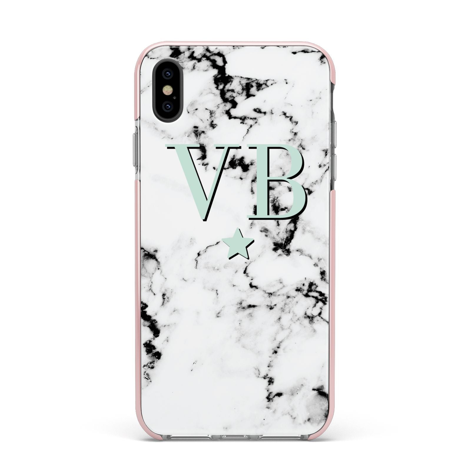 Personalised Mint Star With Monogram Marble Apple iPhone Xs Max Impact Case Pink Edge on Black Phone