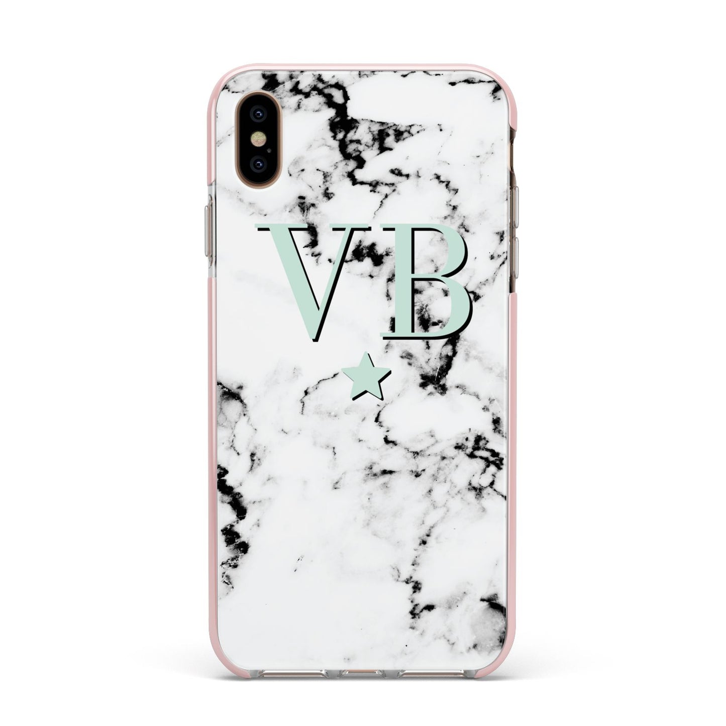 Personalised Mint Star With Monogram Marble Apple iPhone Xs Max Impact Case Pink Edge on Gold Phone