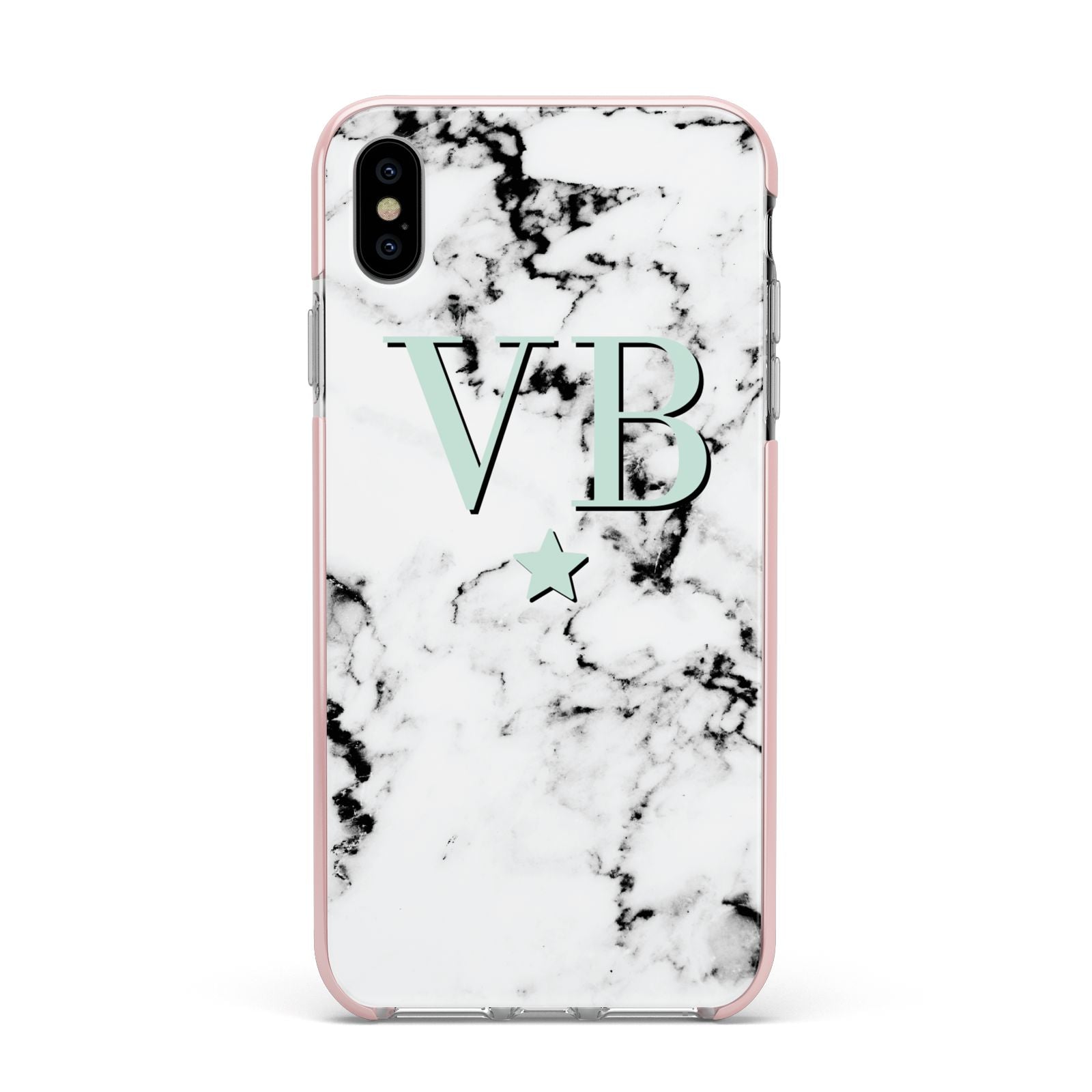 Personalised Mint Star With Monogram Marble Apple iPhone Xs Max Impact Case Pink Edge on Silver Phone