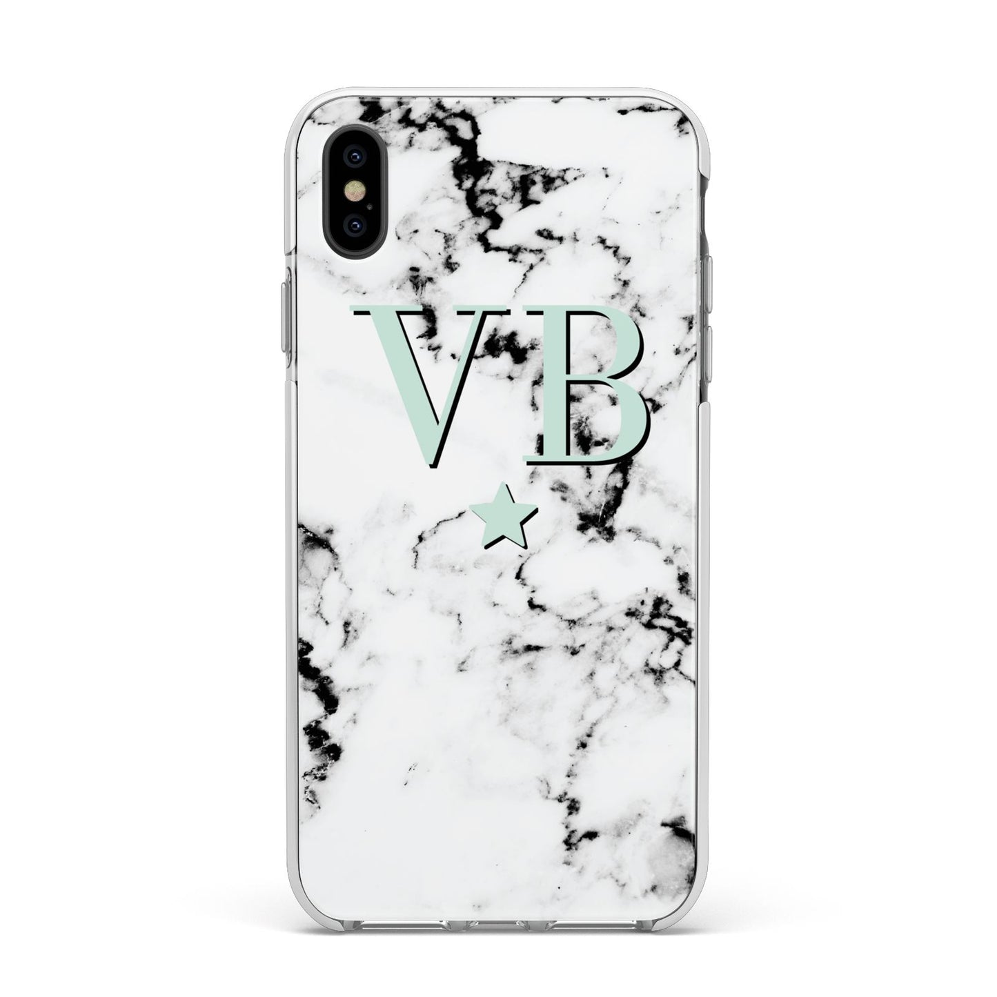 Personalised Mint Star With Monogram Marble Apple iPhone Xs Max Impact Case White Edge on Black Phone