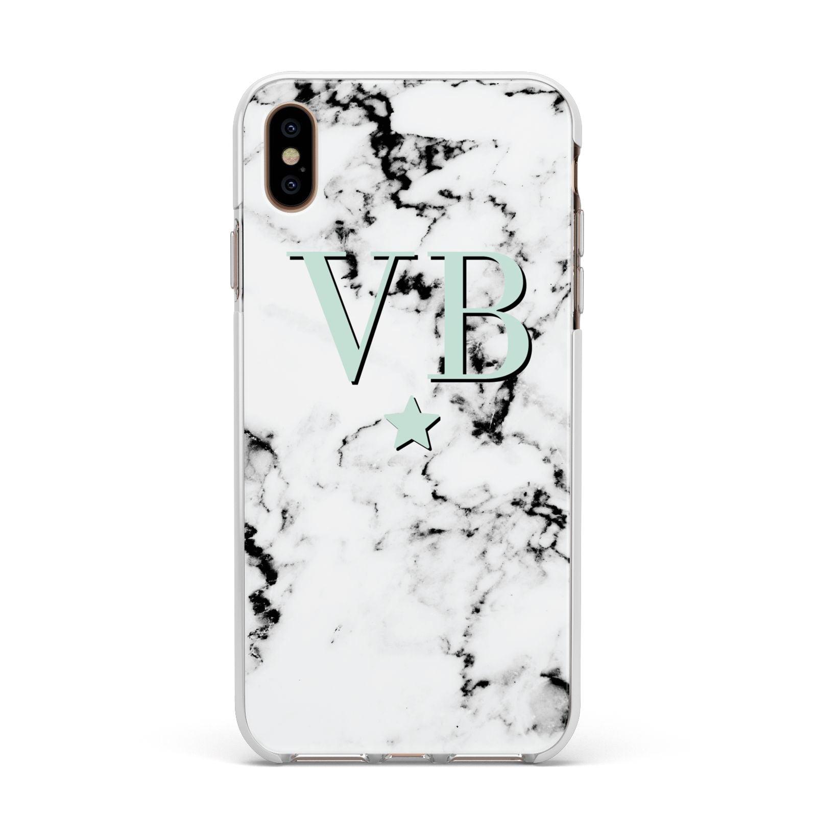 Personalised Mint Star With Monogram Marble Apple iPhone Xs Max Impact Case White Edge on Gold Phone