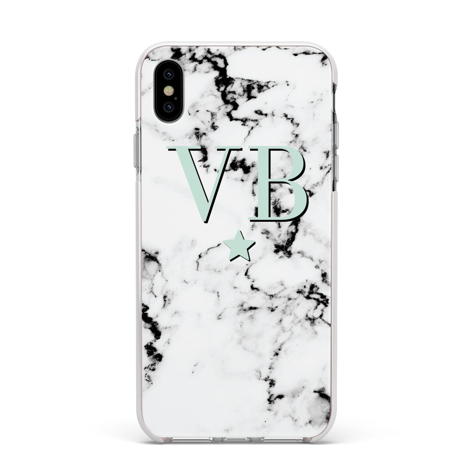 Personalised Mint Star With Monogram Marble Apple iPhone Xs Max Impact Case White Edge on Silver Phone