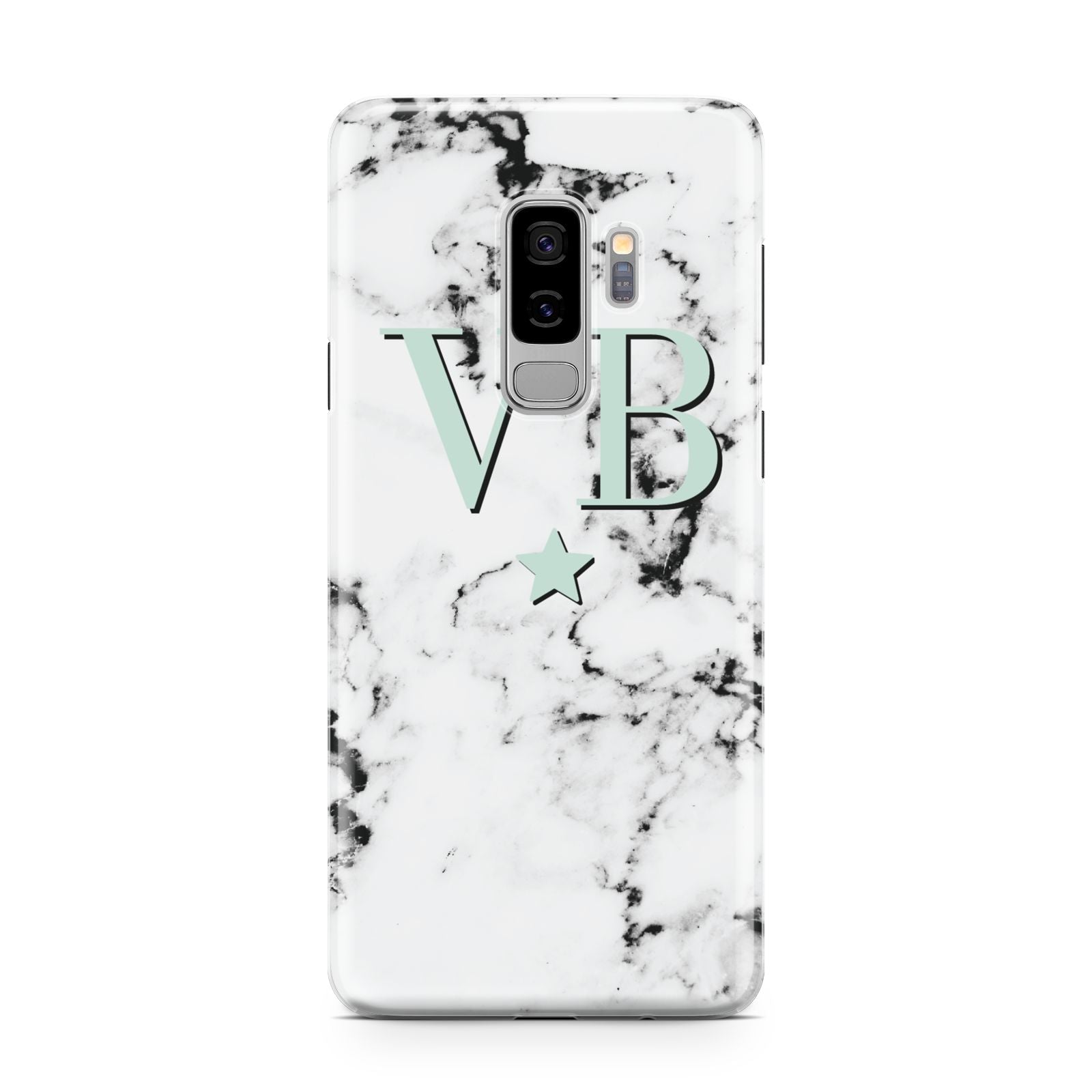 Personalised Mint Star With Monogram Marble Samsung Galaxy S9 Plus Case on Silver phone