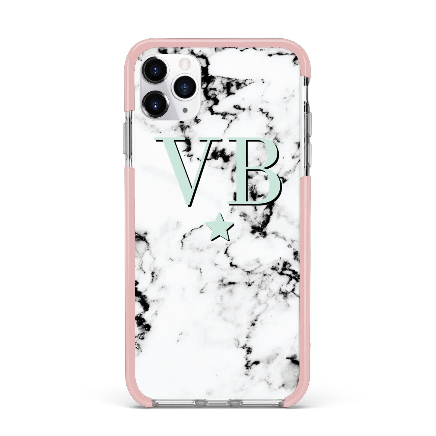 Personalised Mint Star With Monogram Marble iPhone 11 Pro Max Impact Pink Edge Case