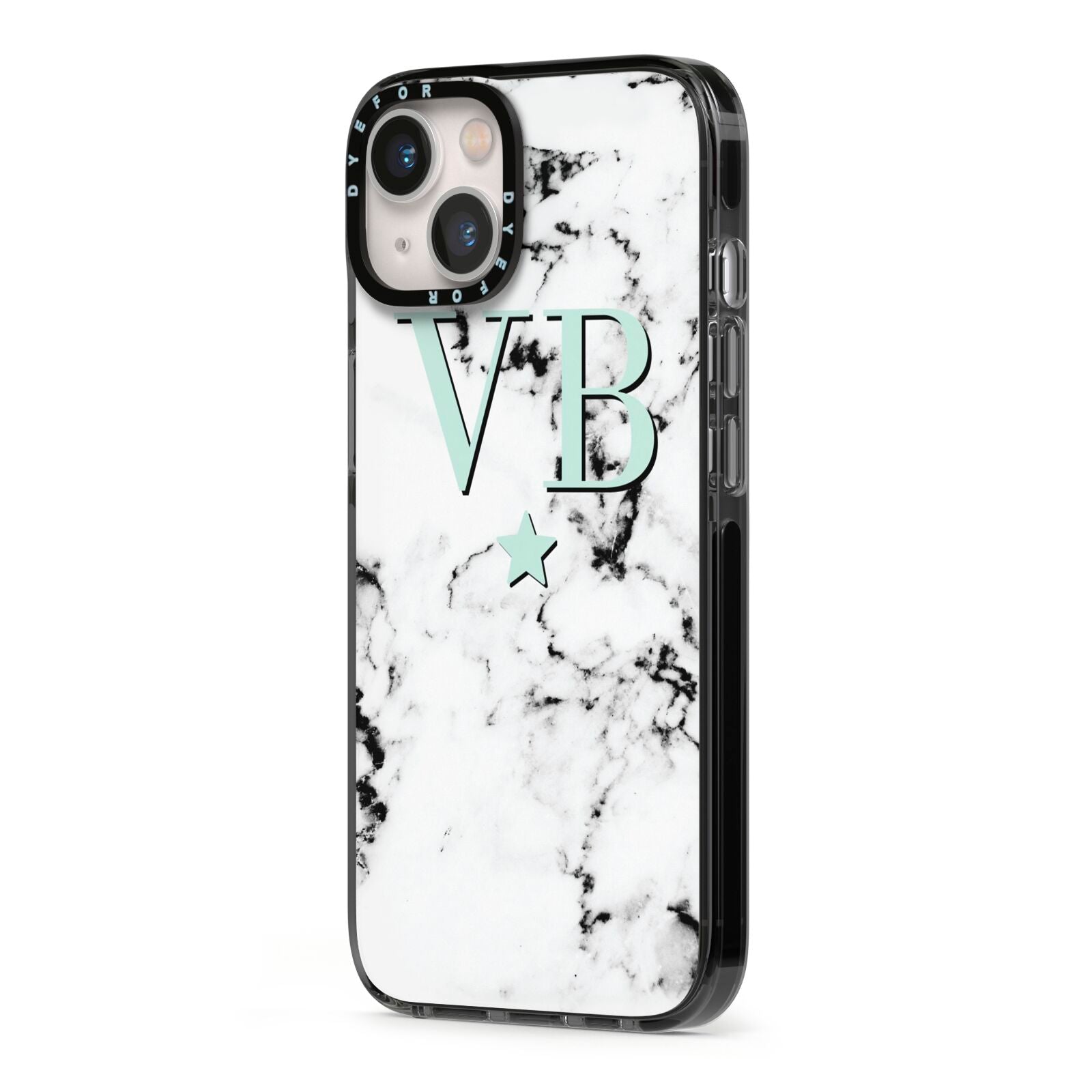 Personalised Mint Star With Monogram Marble iPhone 13 Black Impact Case Side Angle on Silver phone