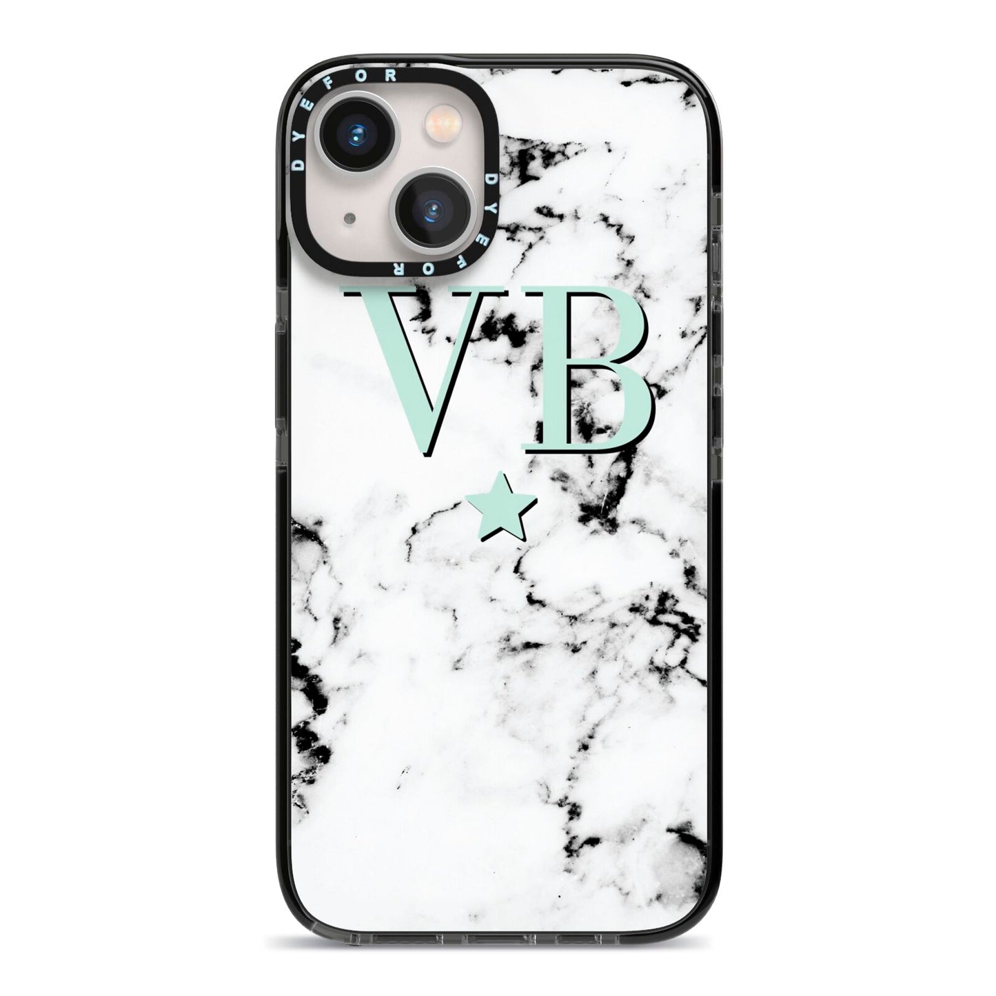 Personalised Mint Star With Monogram Marble iPhone 13 Black Impact Case on Silver phone