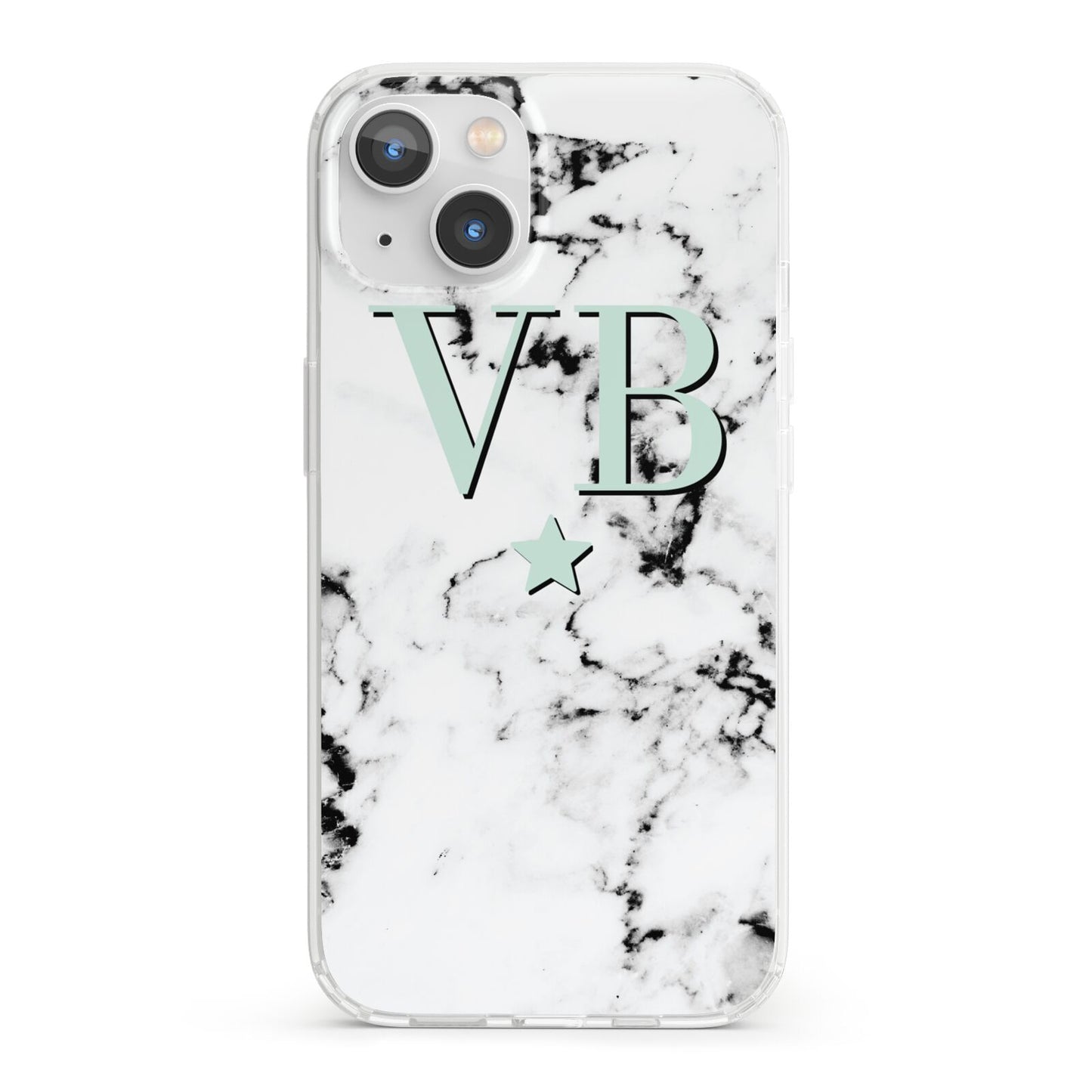 Personalised Mint Star With Monogram Marble iPhone 13 Clear Bumper Case