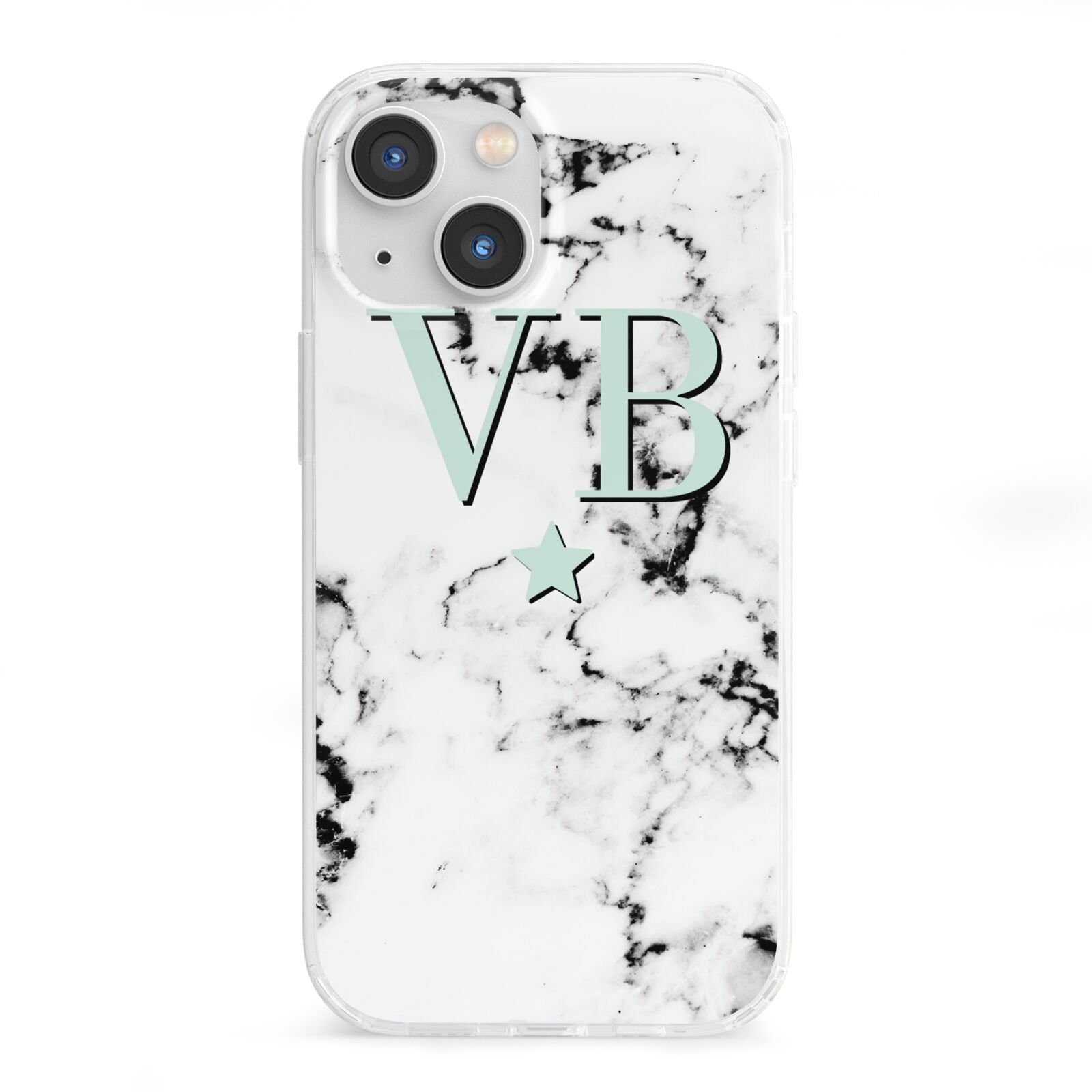 Personalised Mint Star With Monogram Marble iPhone 13 Mini Clear Bumper Case