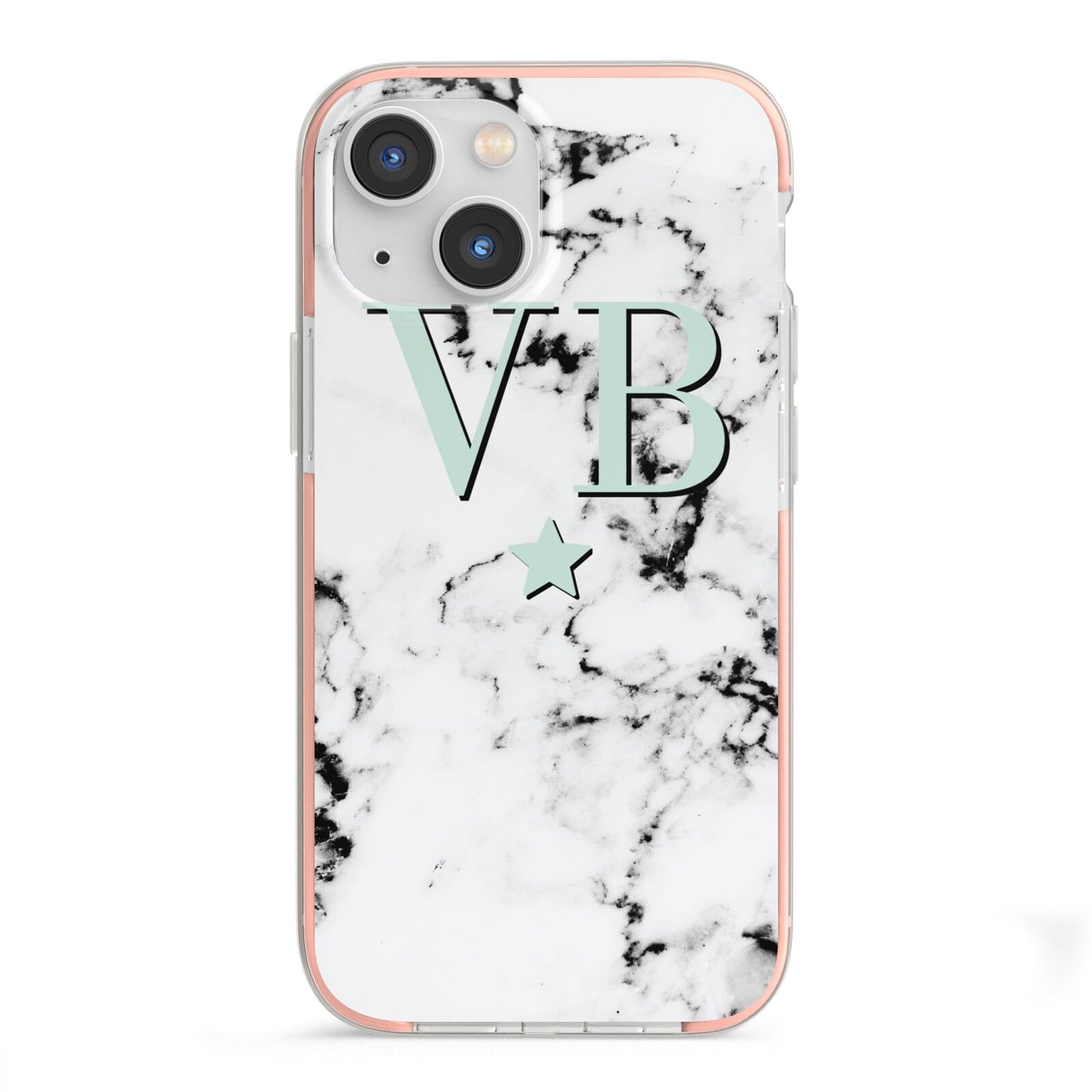 Personalised Mint Star With Monogram Marble iPhone 13 Mini TPU Impact Case with Pink Edges