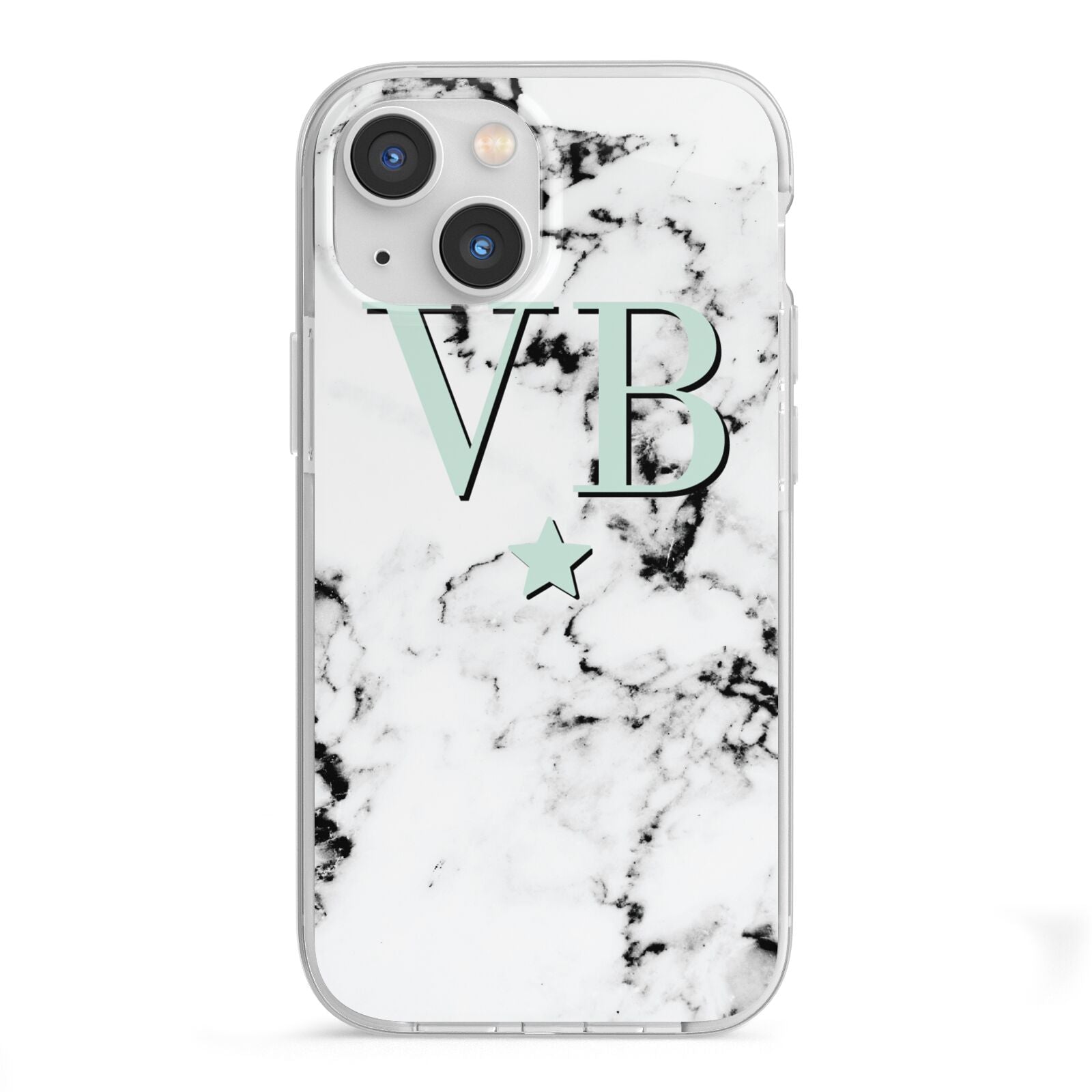 Personalised Mint Star With Monogram Marble iPhone 13 Mini TPU Impact Case with White Edges