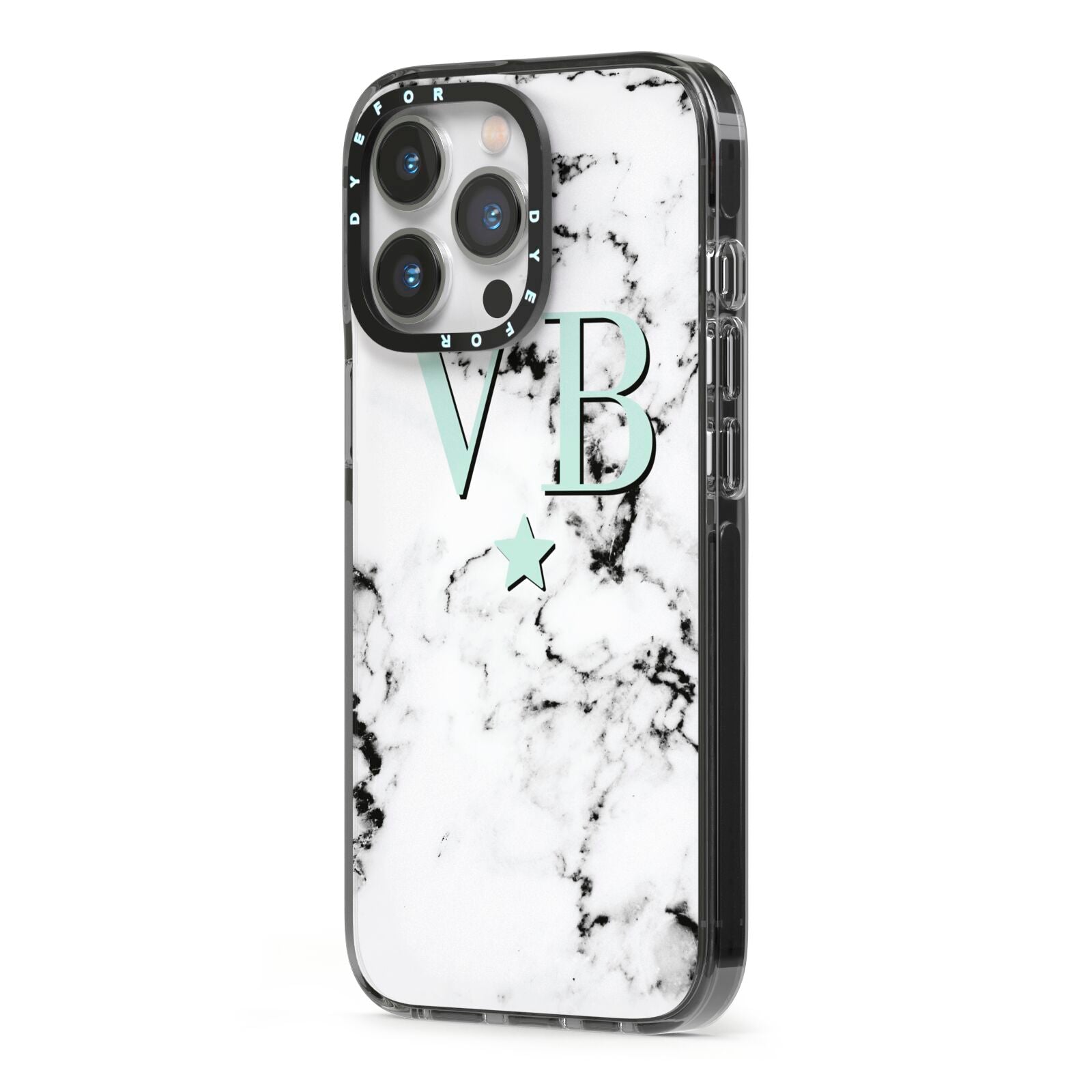 Personalised Mint Star With Monogram Marble iPhone 13 Pro Black Impact Case Side Angle on Silver phone