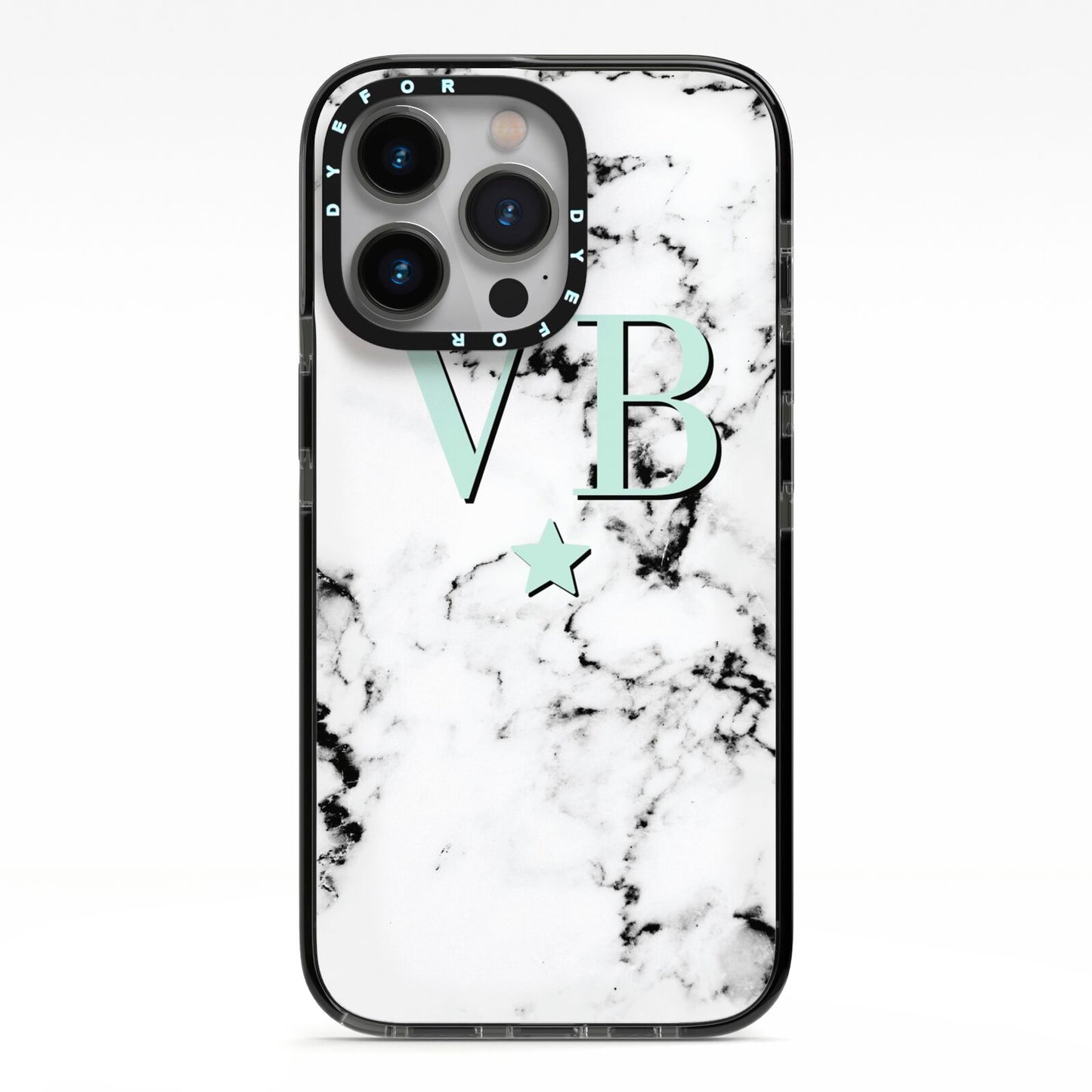 Personalised Mint Star With Monogram Marble iPhone 13 Pro Black Impact Case on Silver phone