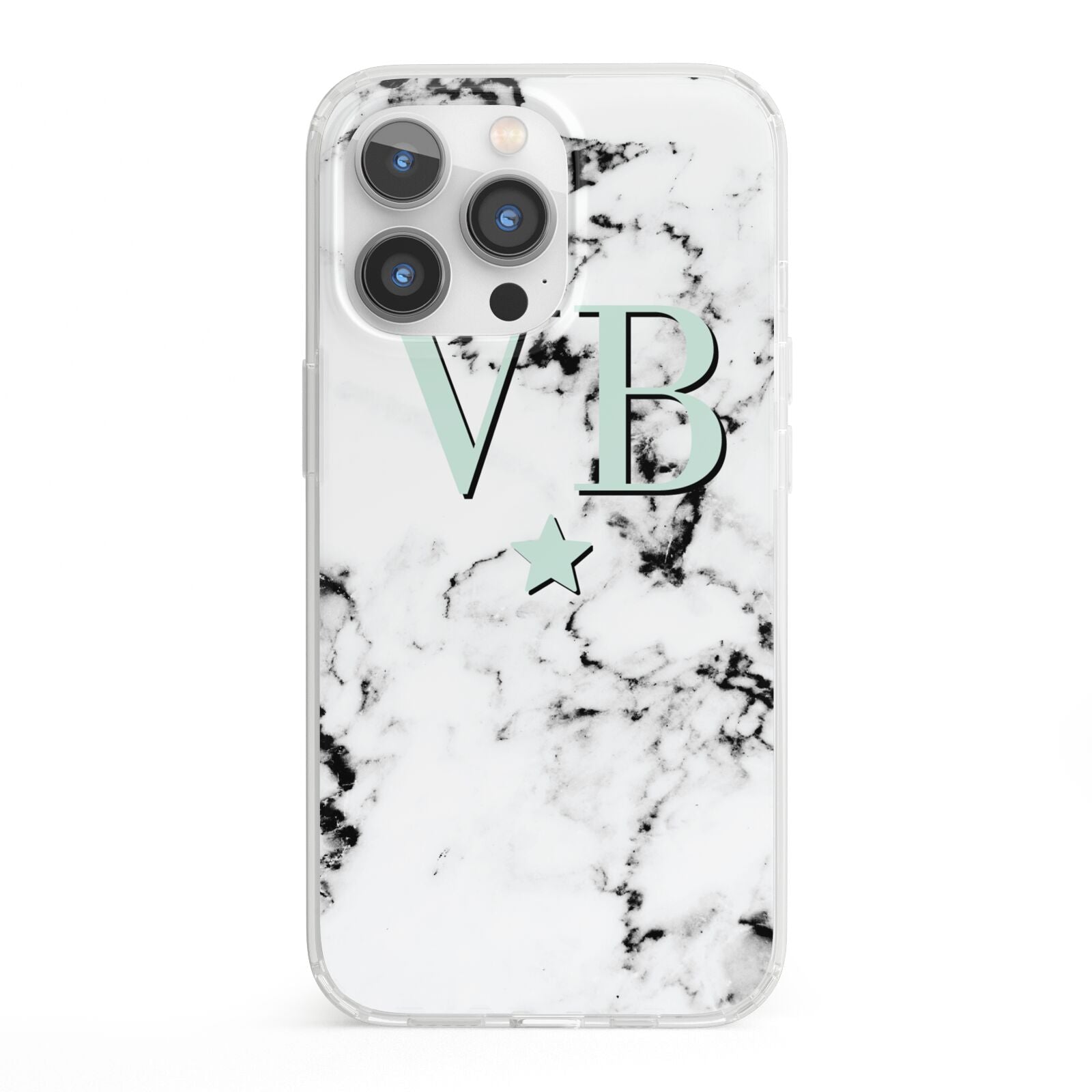 Personalised Mint Star With Monogram Marble iPhone 13 Pro Clear Bumper Case