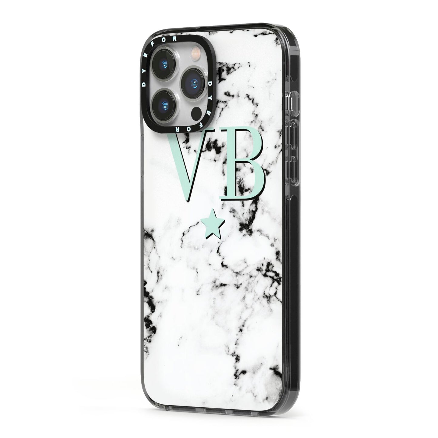 Personalised Mint Star With Monogram Marble iPhone 13 Pro Max Black Impact Case Side Angle on Silver phone