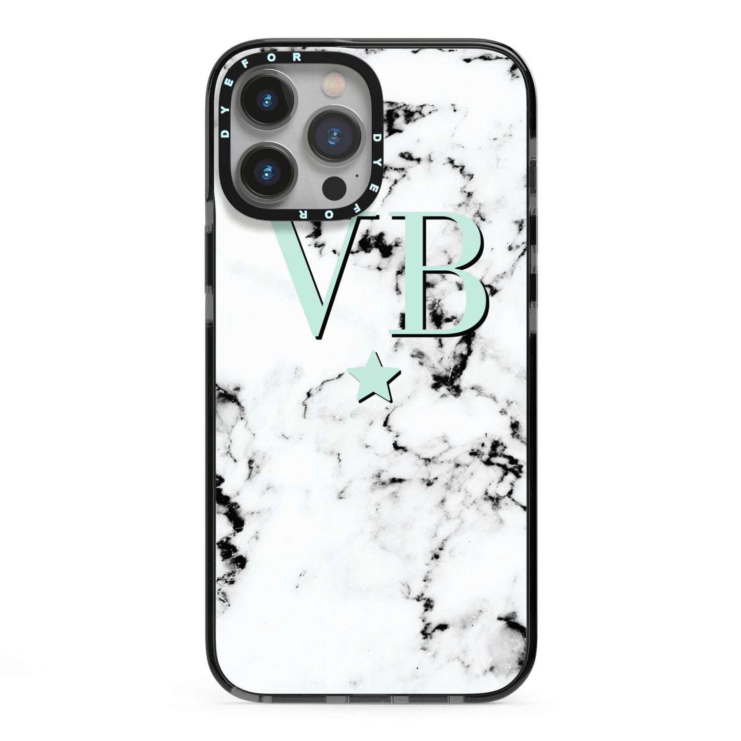 Personalised Mint Star With Monogram Marble iPhone 13 Pro Max Black Impact Case on Silver phone