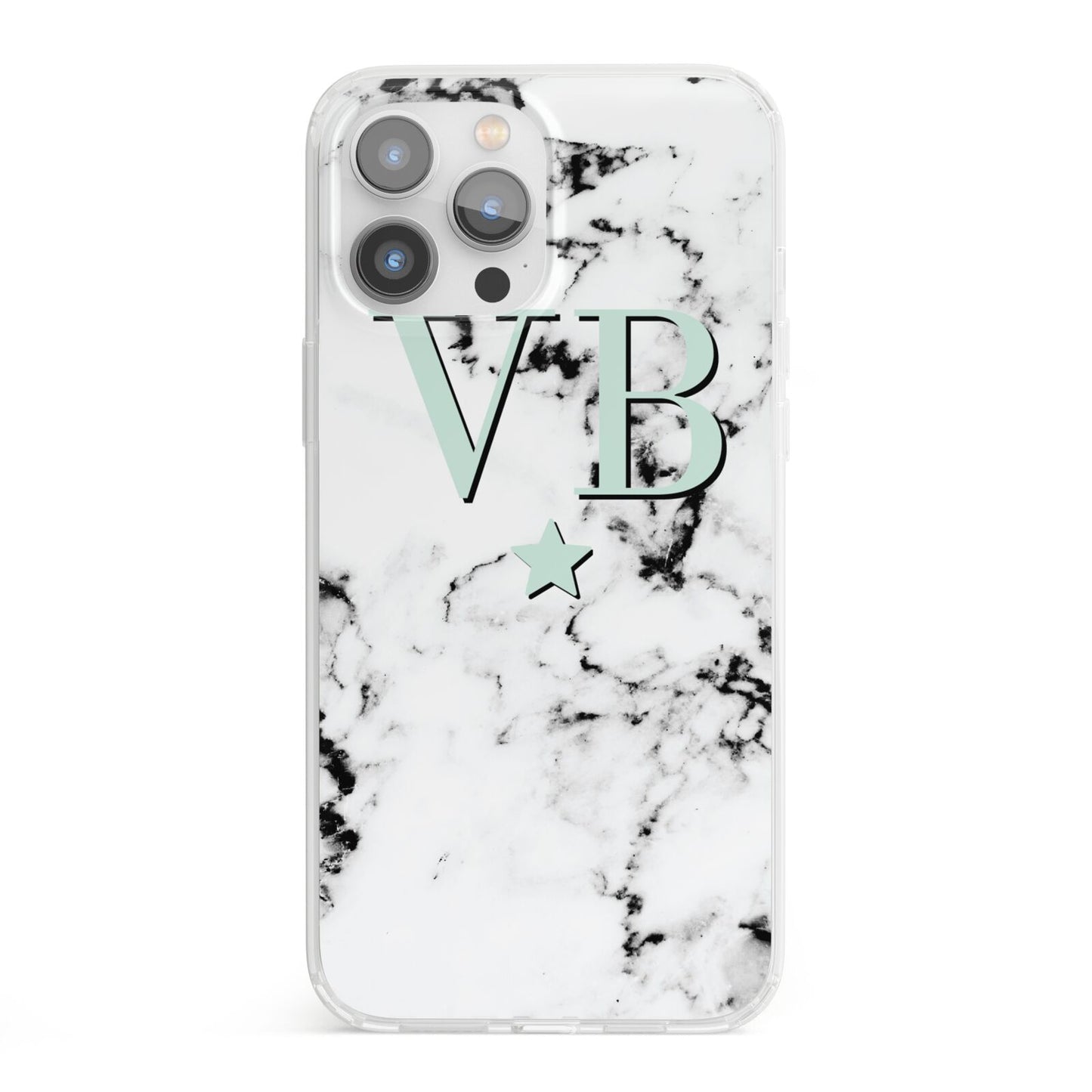 Personalised Mint Star With Monogram Marble iPhone 13 Pro Max Clear Bumper Case