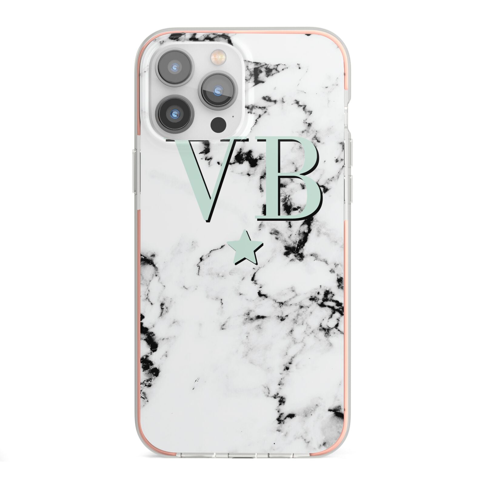 Personalised Mint Star With Monogram Marble iPhone 13 Pro Max TPU Impact Case with Pink Edges