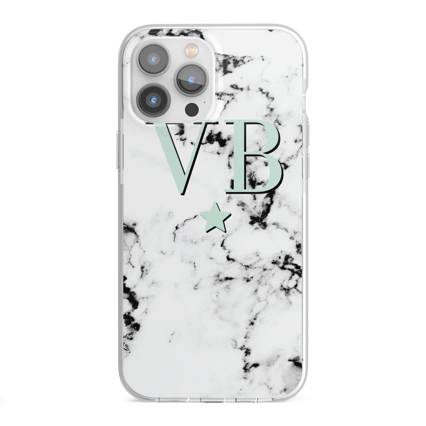 Personalised Mint Star With Monogram Marble iPhone 13 Pro Max TPU Impact Case with White Edges