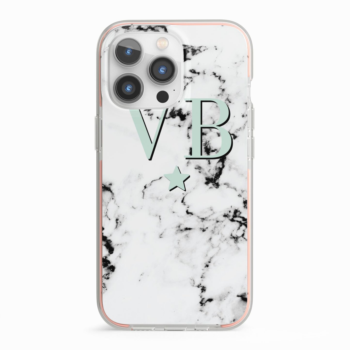 Personalised Mint Star With Monogram Marble iPhone 13 Pro TPU Impact Case with Pink Edges